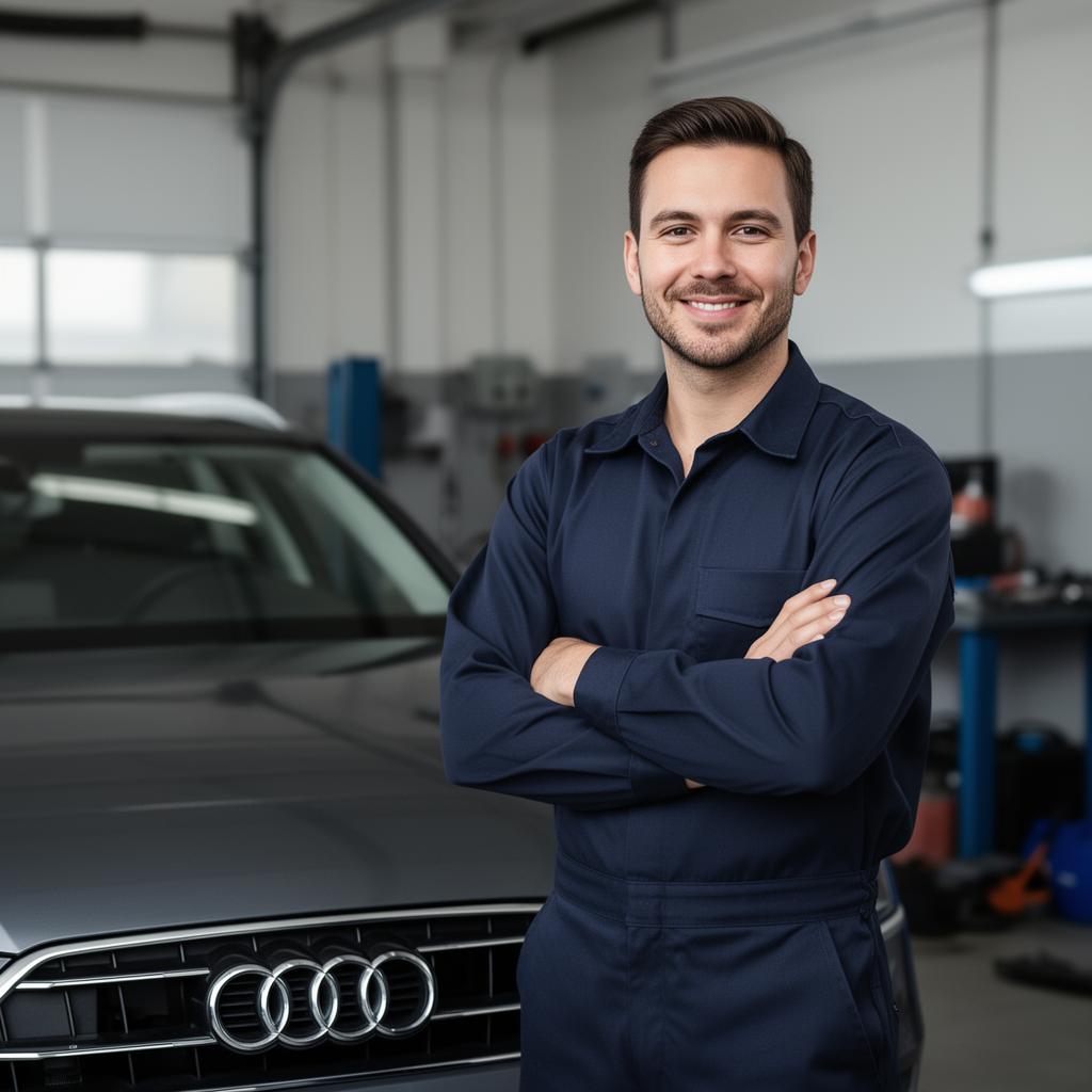 Abdul, AutoNexMobile lead technician, in a workshop next to an Audi